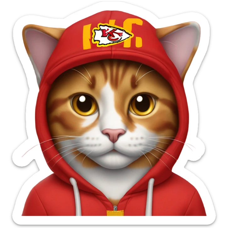 Calico cat wearing KC chiefs hoodie and chiefs ball cap sticker