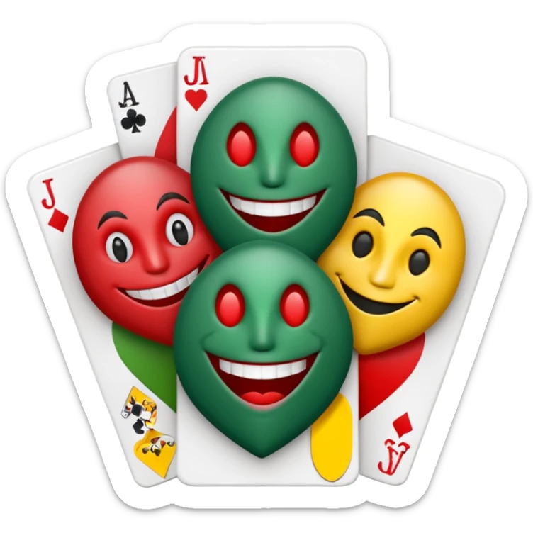 bunch of 3 poker cards, with crazy colorful human jolly jokers inside, inversed face sticker