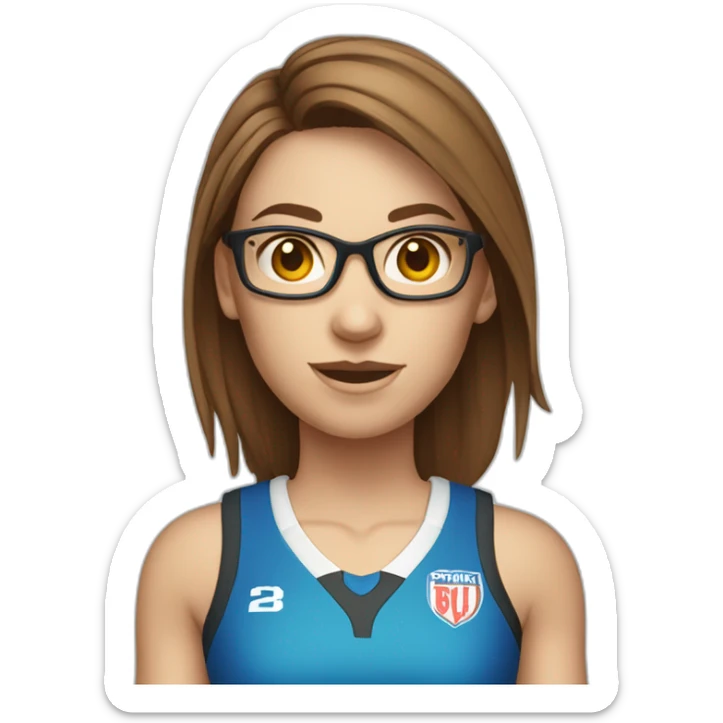 single caucasian female netballer with brown hair, glasses, skirt and ball sticker