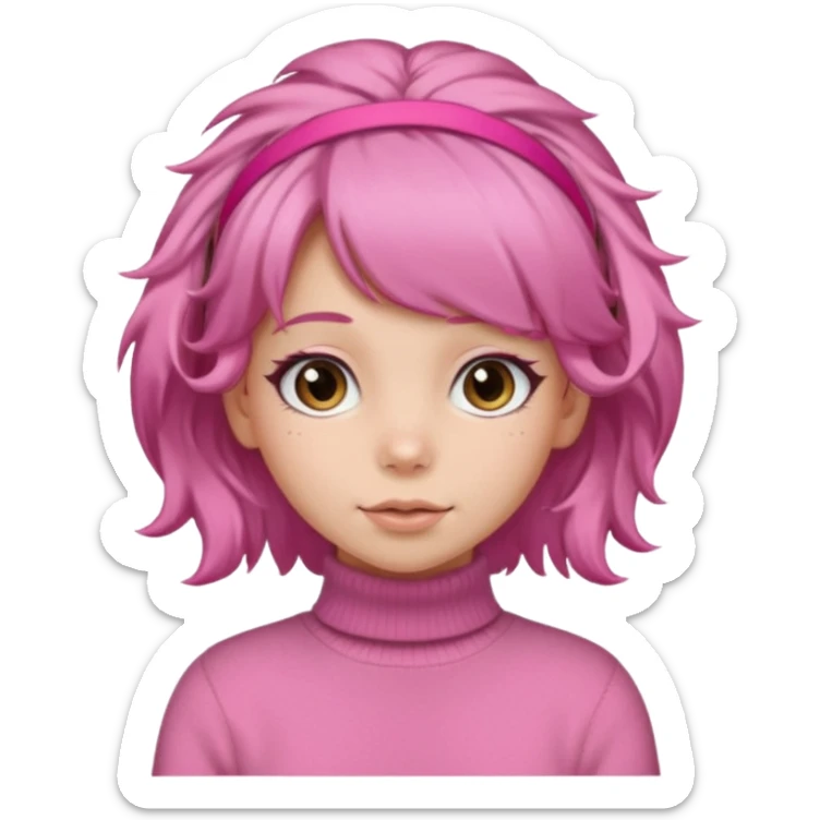 brown fluffy haired girl with pink turtleneck sweater and pink hair band sticker