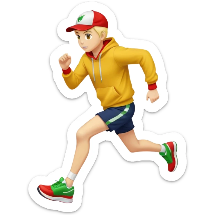 A yellow-skinned person running with a navy ballcap, red hoodie, white shorts, and green shoes sticker
