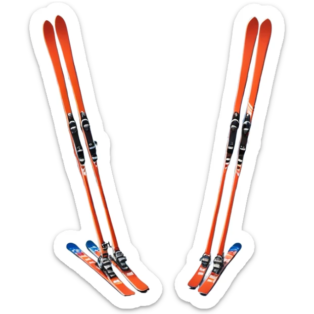An icon featuring a pair of skis and ski poles in the foreground, set against a picturesque snow-covered slope. The background includes snowy peaks and evergreen trees, symbolizing the excitement and beauty of winter sports. Transparent background highlights the thrill of skiing and snowboarding. sticker