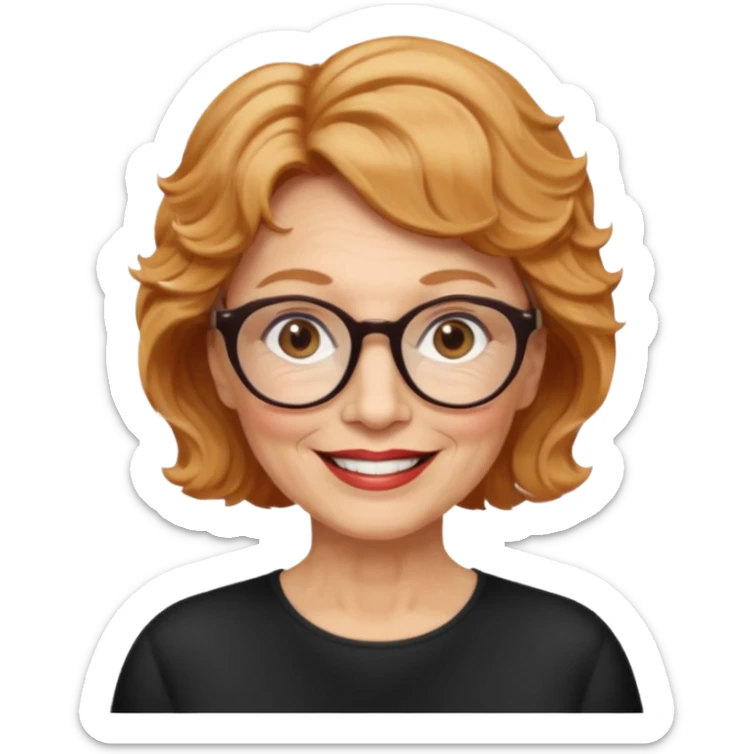 woman 70 years old, very short strawberry blonde weavy hair, brown eyes and round dark glasses smile sticker