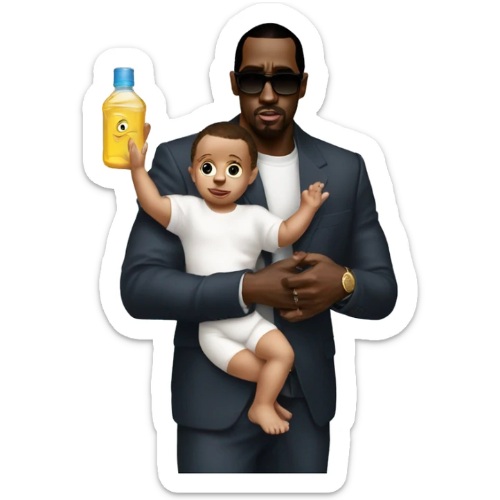 P-diddy carry a baby in his arm and hold a baby oil in his other arm sticker