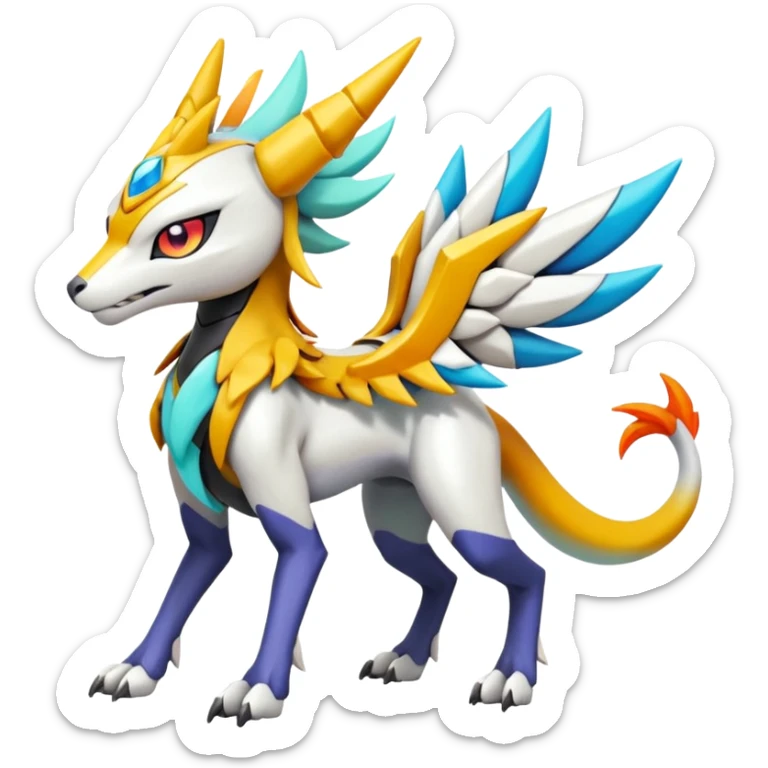 Colorful Meloetta-Solgaleo-Wargreymon-Sergal-Pokémon-Digimon-Fakémon-fusion-hybrid-creature sticker