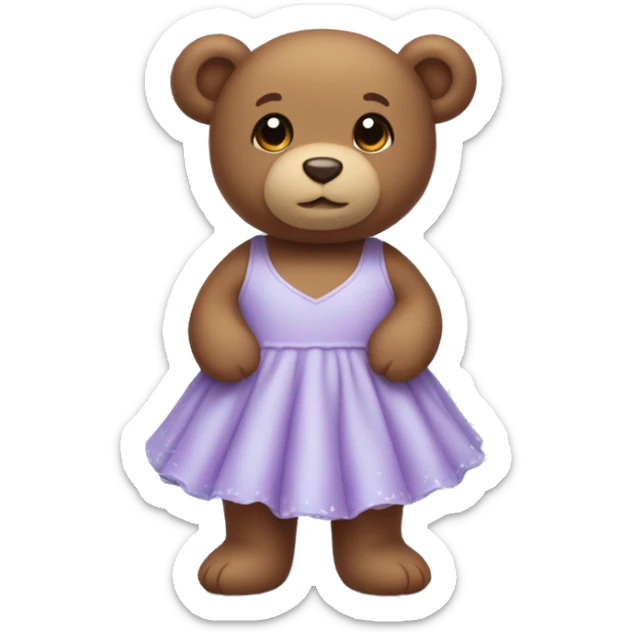 Little brown teddy bear wearing a light purple dress that is feet length and has super light blue sea stars on it sticker