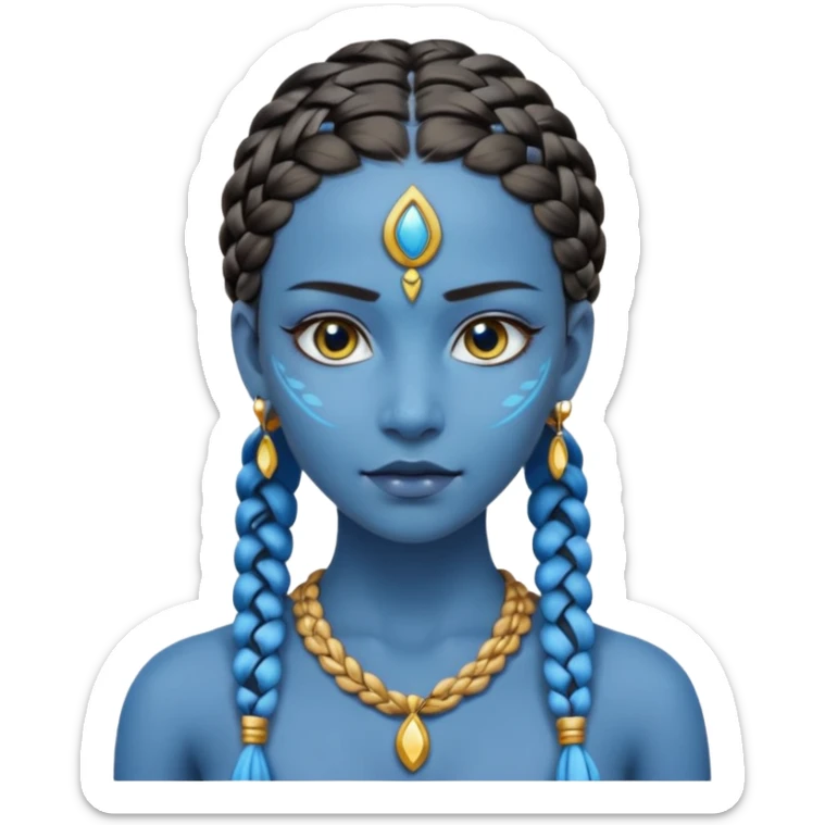 Draw a Na’vi female with glowing blue skin, white forehead markings, braided hair, gold earrings & a calm gaze. sticker
