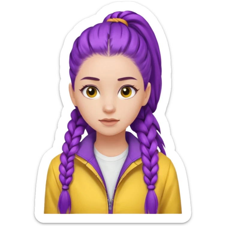 a beautiful girl face, long purple high pony single braided hair from the forehead, wearing a white shirt and a yellow jacket sticker