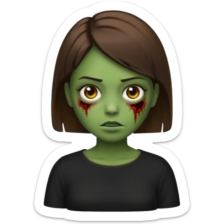 Zombie girl emoji verde um pouco escuro com cabelo curto liso castanho no ombro com uma blusa preta sticker