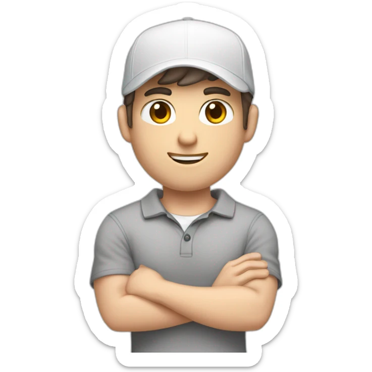 Pale skinned fit Man with dark brown hair in a white cap, gray jeans and gray polo T-shirt keeping a pasted with tape box into his hands sticker