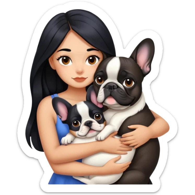 A beautiful girl with long black hair hugs a French bulldog sticker