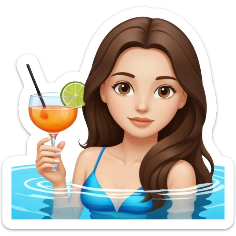  beautiful pale brunette girl with long hair relaxing in the pool with a cocktail  sticker