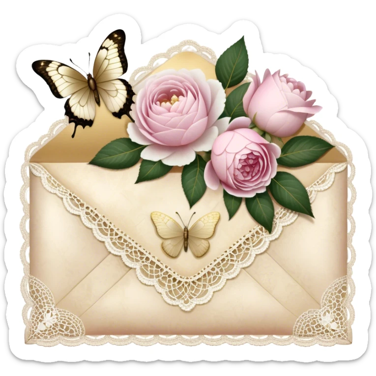 A delicate still life of an aged love letter sealed with golden wax, placed on a vintage lace doily, accompanied by a bouquet of pale pink roses and white peonies, with a shimmering pearl butterfly resting on the envelope. sticker