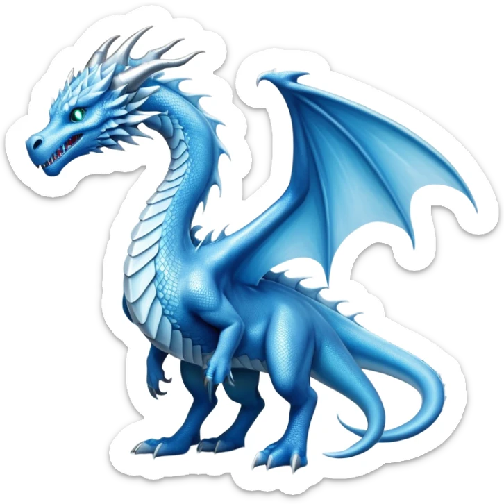 Cinematic Noble very elegant Ice Dragon full body  Emoji, Poised and imposing, distinct long elegant snout, with a slender, scaled body shimmering in glacial hues of icy blue, frostbitten silver, and crystalline white, breathing out frost, with piercing, glowing ice blue white eyes that radiate the chilling depths of an arctic storm; rendered in detail. excuding wisdom sticker