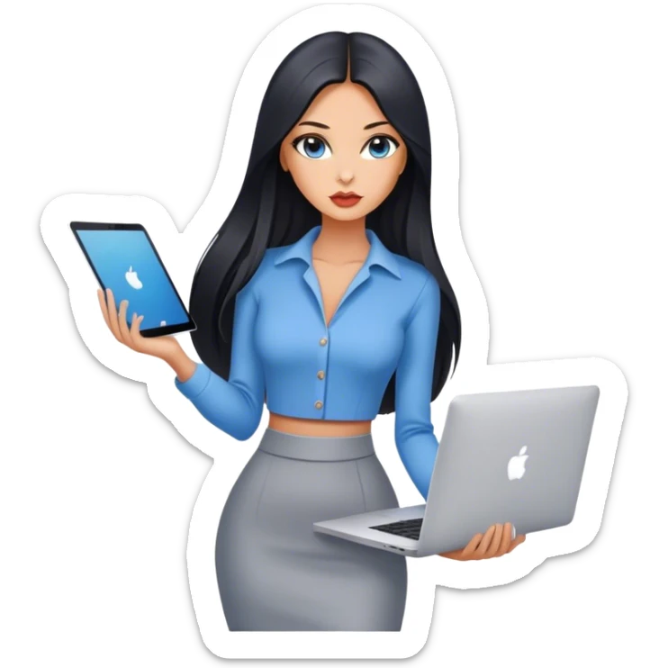 Glamours tanned very beautiful girl with pump peach nude lips and black straight smooth long hair, blue-grey eyes in beautiful clothing stading with MacBook sticker
