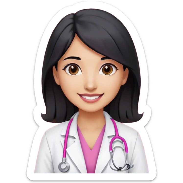 A indian female doctor with black hair , doe eyes smiling a little , wearing white lab coat over dark pink scrubs and properly drawn stethoscope  sticker