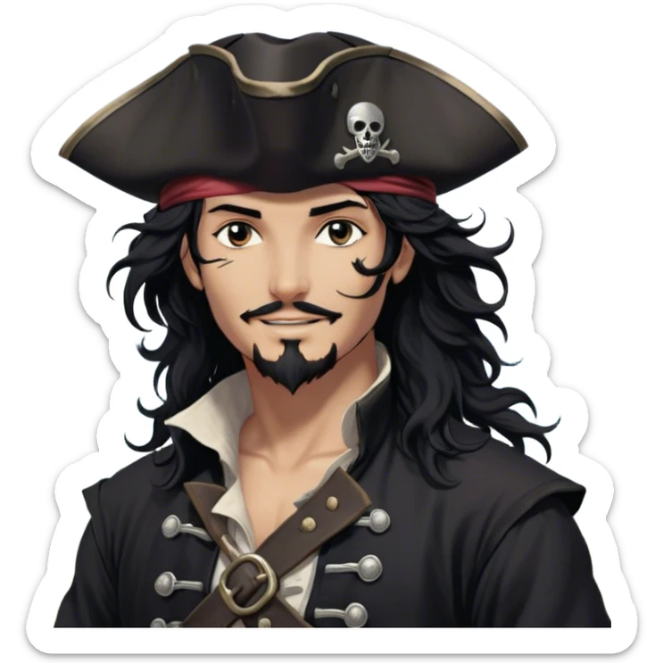 A charismatic pirate with wavy black hair that falls just past his shoulders, tousled slightly by the sea breeze. He wears a black tricorn hat with subtle silver embroidery along the edges, casting a shadow over his sharp, confident features. His piercing dark eyes glint with mischief as he gazes to the side, a knowing smile playing at his lips. His well-fitted black coat, adorned with polished silver buttons and intricate stitching, moves slightly with the wind, revealing glimpses of a deep-crimson waistcoat underneath. A silver chain dangles from his belt, catching the dim golden light of the setting sun. His posture is relaxed yet assured, exuding effortless charm as if he owns the sea itself. sticker