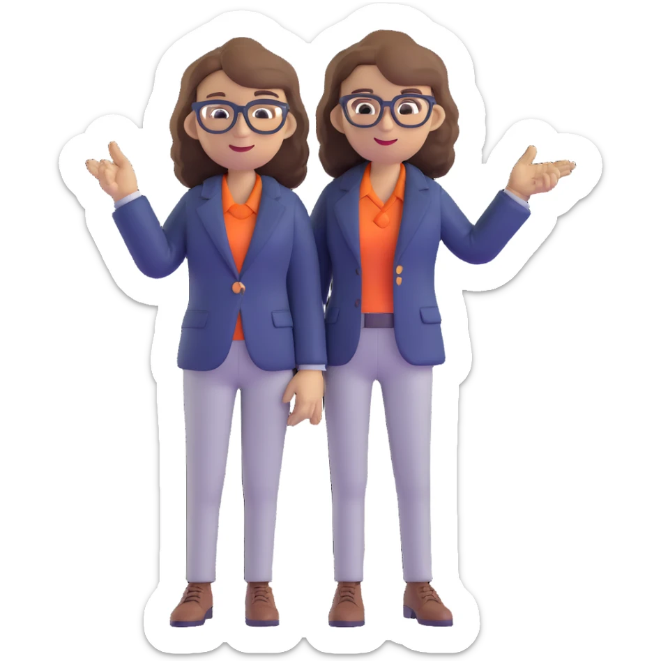 Economics professional mascot character with shoulder-length wavy brown hair, stylish glasses, navy blazer, pointing at economic symbols, full body view sticker