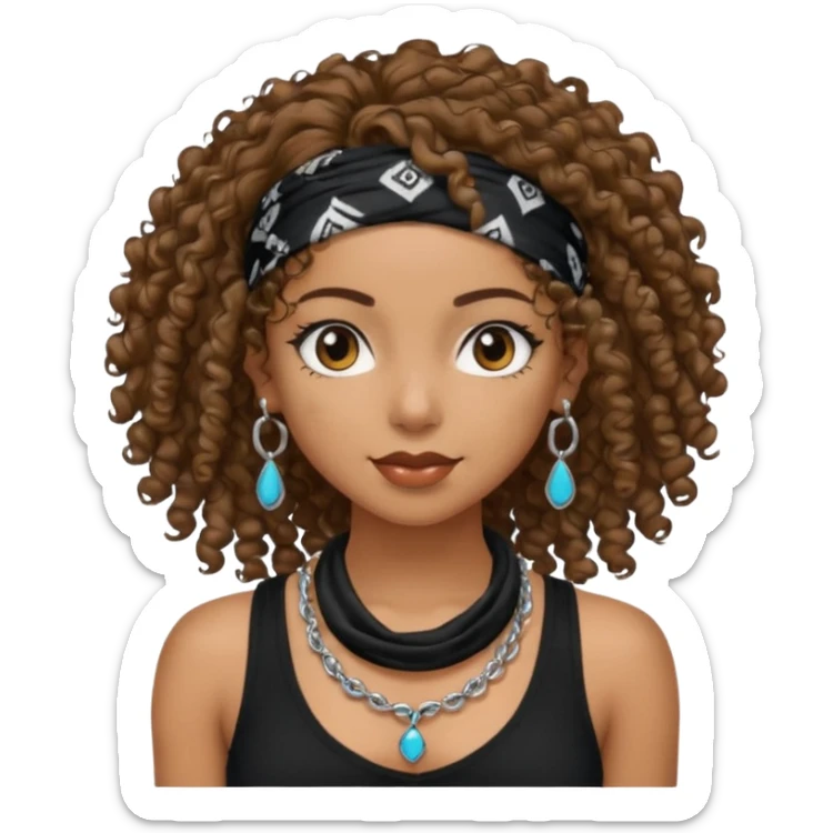 Baddie girl with black  tank top curly hairss and bandana and jwellery sticker