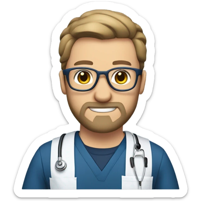 male dark blond with goatee beard doctor with hazel eyes and wire rim glasses in dark blue scrubs holding a large paintbrush and holding a jigsaw  sticker