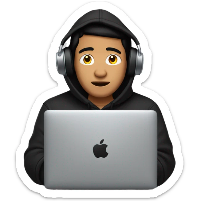 A Filipino Guy wear a black hoodie and ear pods with a Mac Book laptop in front of his face. sticker