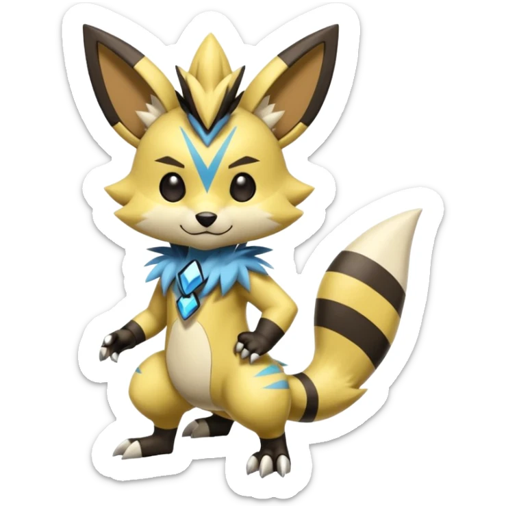 Modern anthropomorphic furry futuristic shiny colorful Zeraora-Minccino-Pichu-Obstagoon-fusion (full body) sticker
