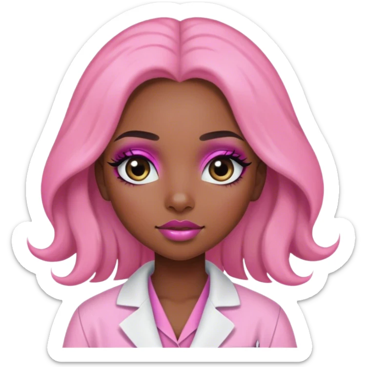 Black girl with long  hair is a scientist with pink lab coat and long eyelashes and has makeup on with short eyes sticker