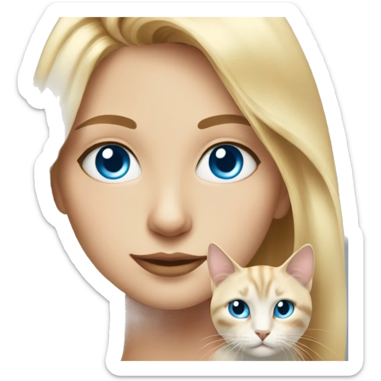 blonde girl with cat portrait the woman has blue eyes and the cat also has blue eyes sticker
