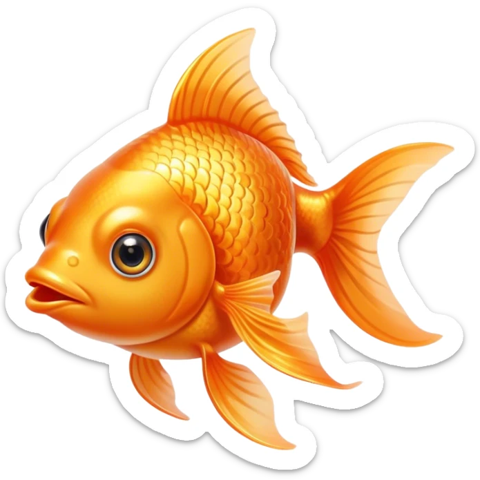 Cinematic Cute Orange Goldfish Portrait Emoji, Head tilted playfully and inquisitively, featuring a glossy, vibrant orange body with delicate, flowing fins, round, sparkling golden eyes filled with curiosity, Simplified yet irresistibly adorable features, highly detailed, glowing with a warm, friendly glow, high shine, affectionate and lively, stylized with a touch of whimsy, bright and endearing, soft glowing outline, capturing the essence of a mischievous yet loving goldfish, so playful it feels like it could swim out of the screen and into your heart! sticker