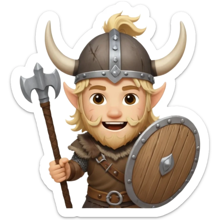 A young Viking warrior with messy blond hair, wooden shield, and fierce excited grin with horned helmet sticker