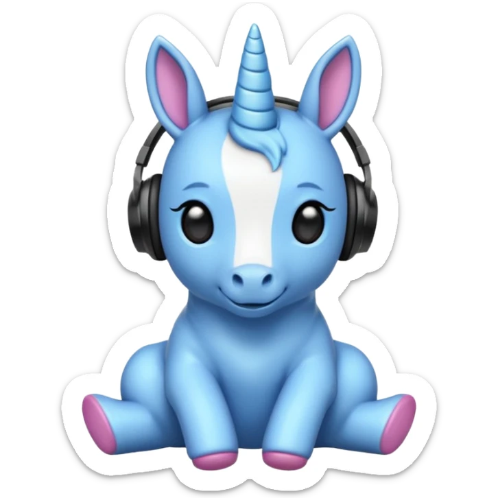 Unicornio bebé azul sentado escuchando música con auriculares negros sticker