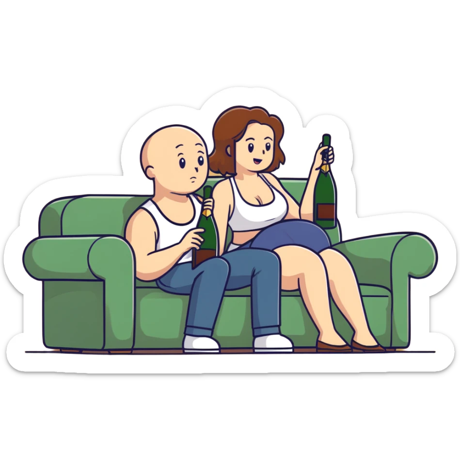A bald man sitting on a couch. One Caucasian woman with brown hair, big boobs, wearing pants and a tank top, kneeling on the ground. Champagne bottle exploded. sticker