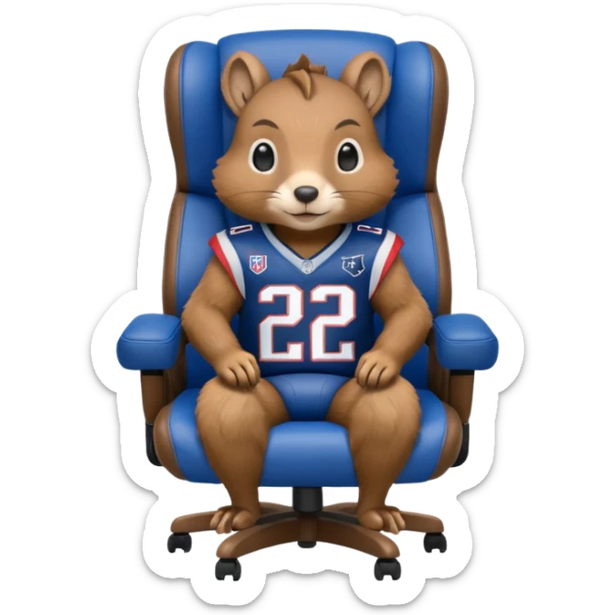 gaming chair with a squirrel sitting on it wearing patriots jersy sticker