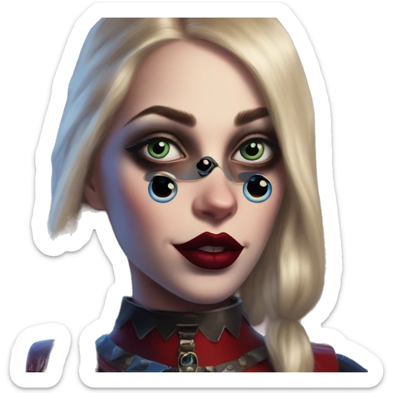 D&D gem collector in Harley Quinn style, oil paint, mysterious eyes, intricate lips, masterpiece portrait, odd perspective, beautiful, desirable, logical sticker