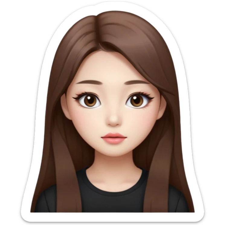 “korean straight long brown hair Emoji girl, soft eyeliner and blush, gradient lips, light brown shimmer eyeshadow sticker