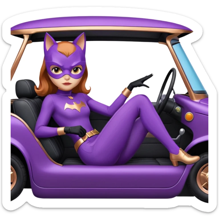 Hot real-appearance racing action BatGirl’s purple tights sixty’s tv show 1932 stealth retro cat burglar sporty petite off-road pursuit mobile cruiser car rose gold accents (reclined and relaxed seating position and attitude) sticker