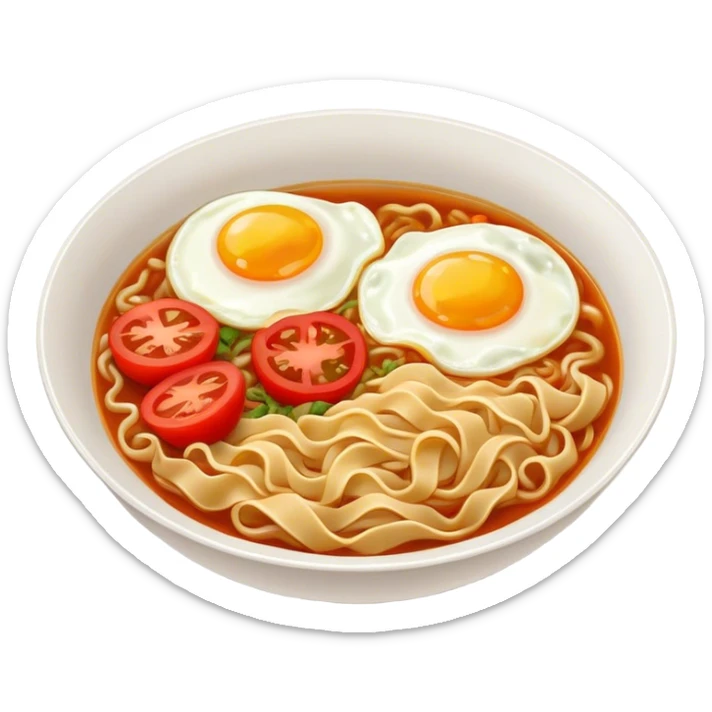 Spicy bowl of noodles with fried eggs and two pieces of tomatoes  sticker
