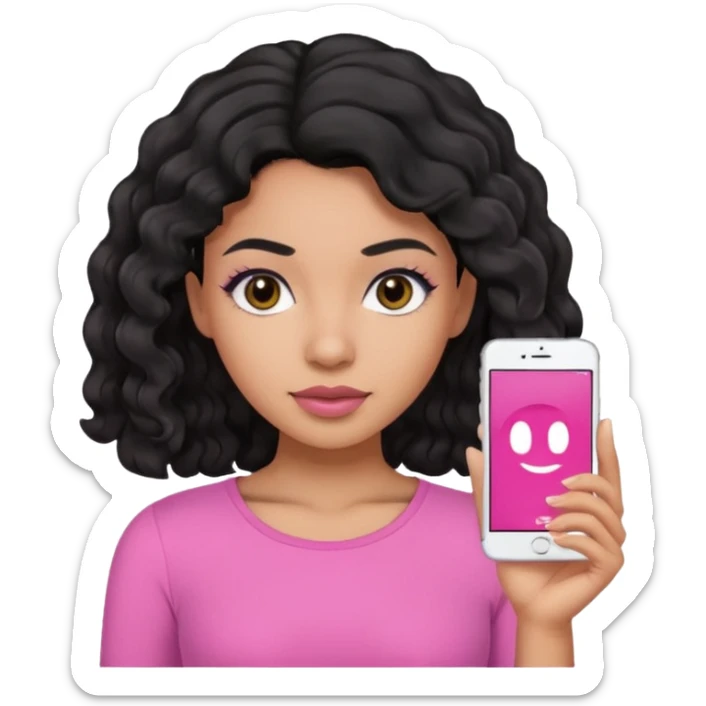 A mixed woman with black wavy hair and black eyes wearing pink sticker