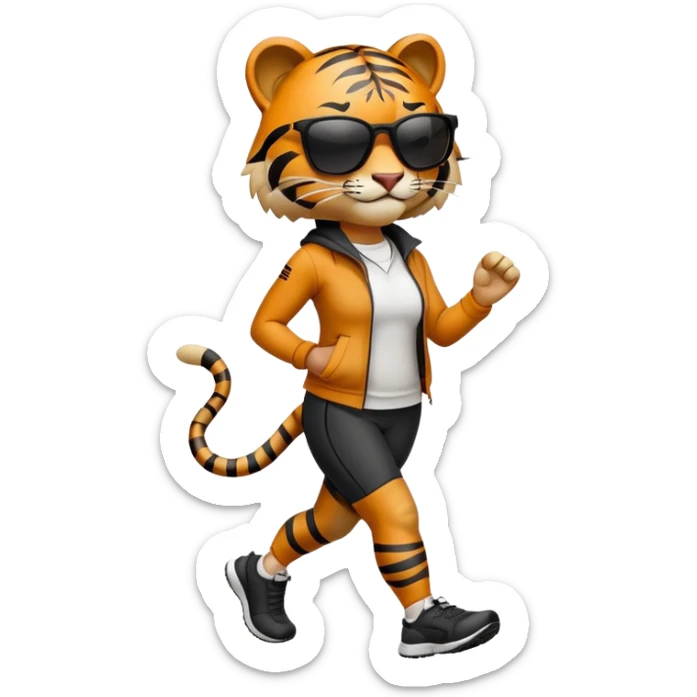 female energetic anthropomorphised tiger in sports clothes, wearing dark sunglasses, walking upright sticker