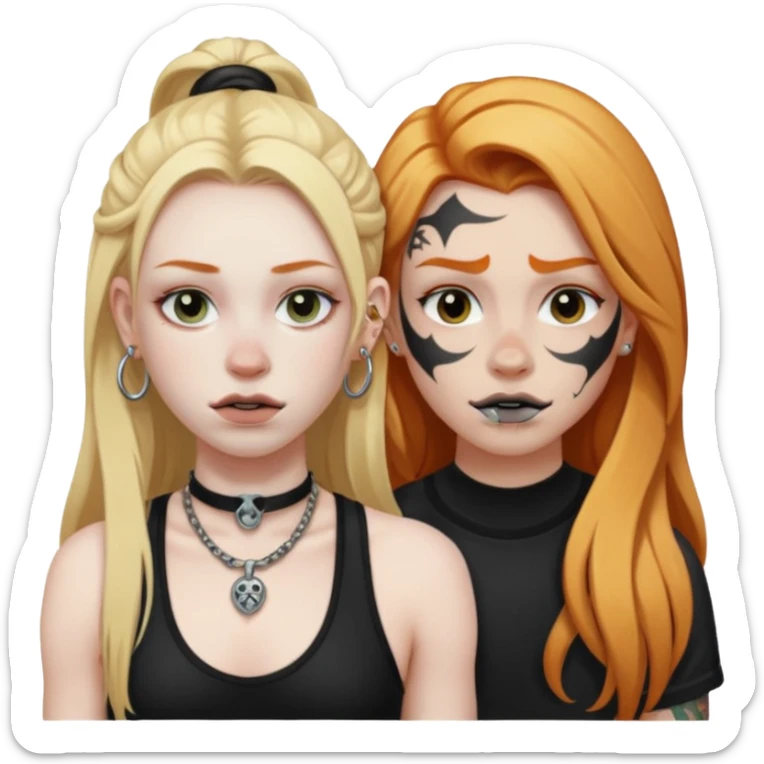 girl with long blonde hair, black tattoos and a septum piercing next to an athletic ginger girl and a septum piercing sticker