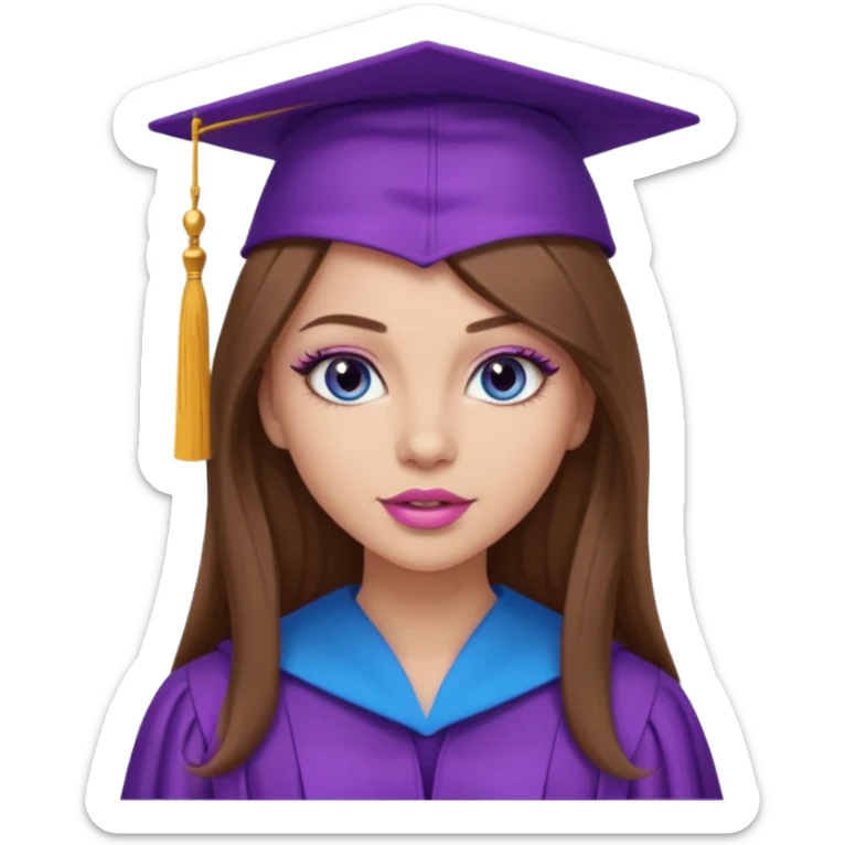 girl with beautiful long brown hair, blue eyes, long lashes makeup, sexy pink lips, wearing a purple graduation cap and gown sticker