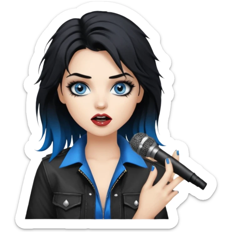 
 rockstar girl with black disheveled hair, blue eyes, Smokey eyes grunge makeup, singing  sticker