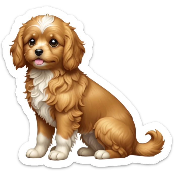 cinematic-[cavoodle dog]-realistic-full-body-sitting-emoji,-tail-resting-loosely-beside-its-paws,-head-tilted-dramatically,-wavy-[solid golden]-fur,-simplified-yet-realistic-focused-features,-highly-detailed,-glowing-with-an-almost-sarcastic-glow sticker