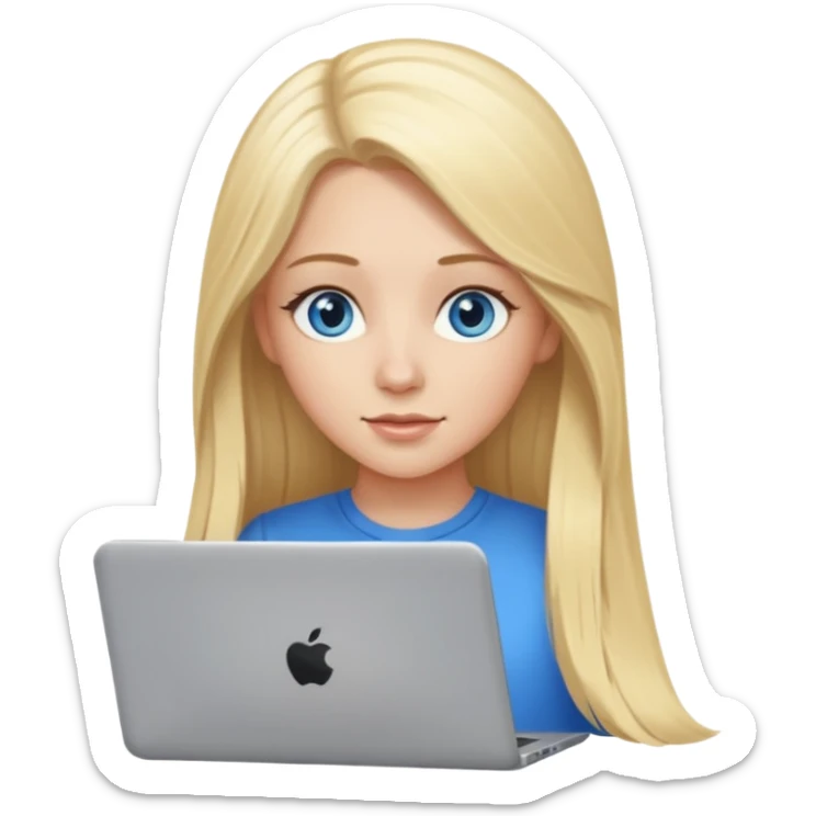 White girl with long blonde hair and blue eyes with laptop sticker