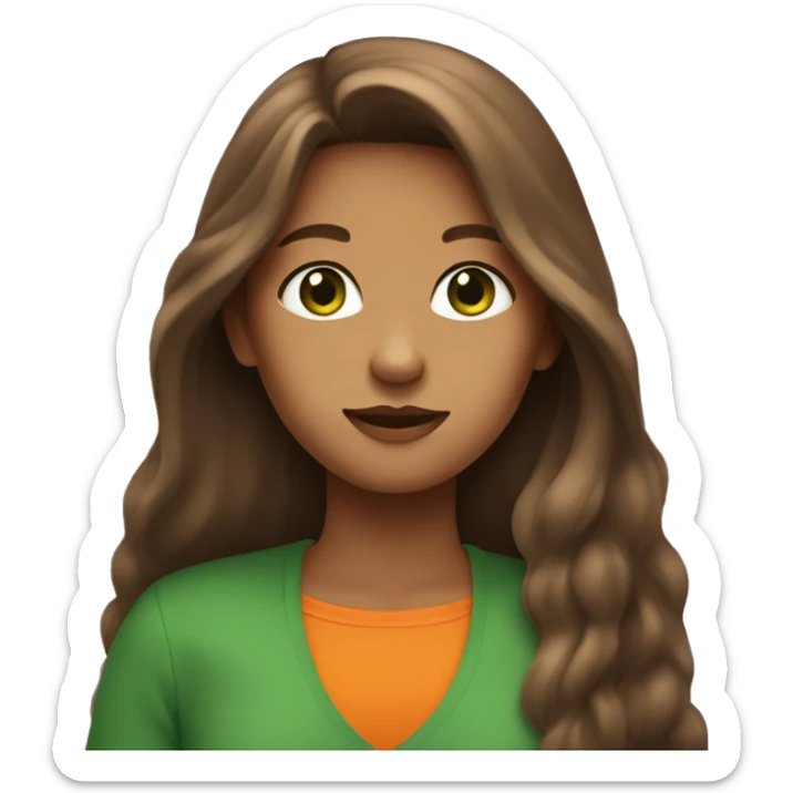 A girl with long brown hair, green and orange eyes take 🤭 sticker