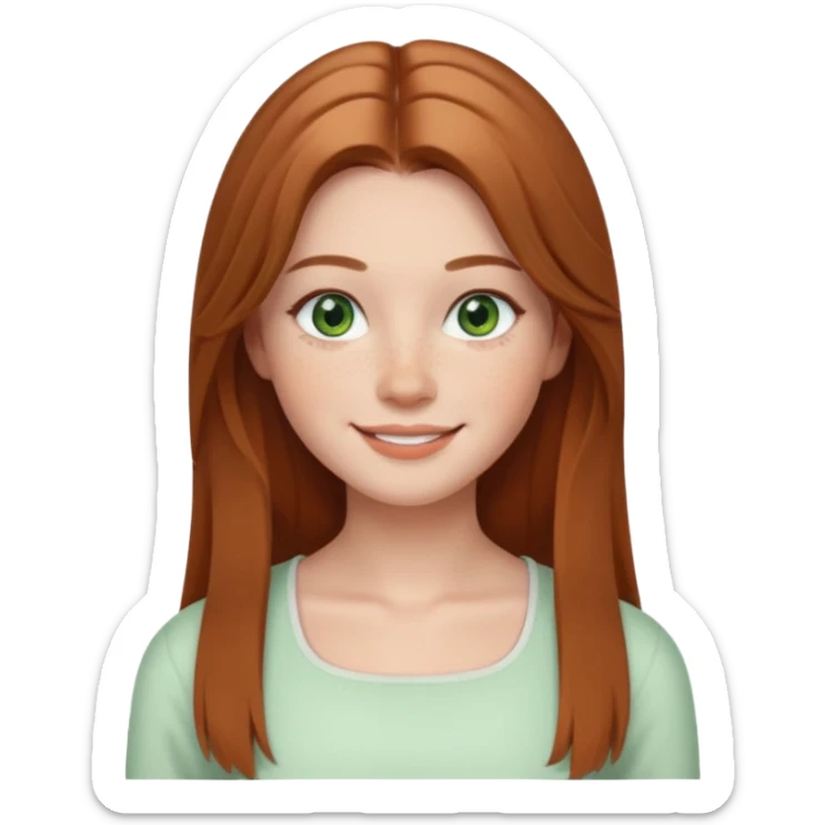 emoji of a woman named Freya McOmish, smiling, green eyes, long light brown hair, subtle freckles, modern casual style, broad shoulders, wearing a white square neck top sticker