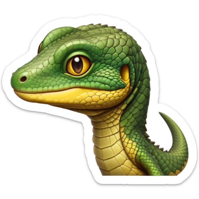 cinematic-realistic-cute-monitor-lizard-portrait-emoji,-head-tilted-playfully-and-inquisitively,-featuring-a-compact,-agile-body-with-finely-detailed,-glossy-scales-in-earthy-olive-hues-and-a-distinct,-alert-face-with-bright,-curious-eyes, yellow and dark green sticker