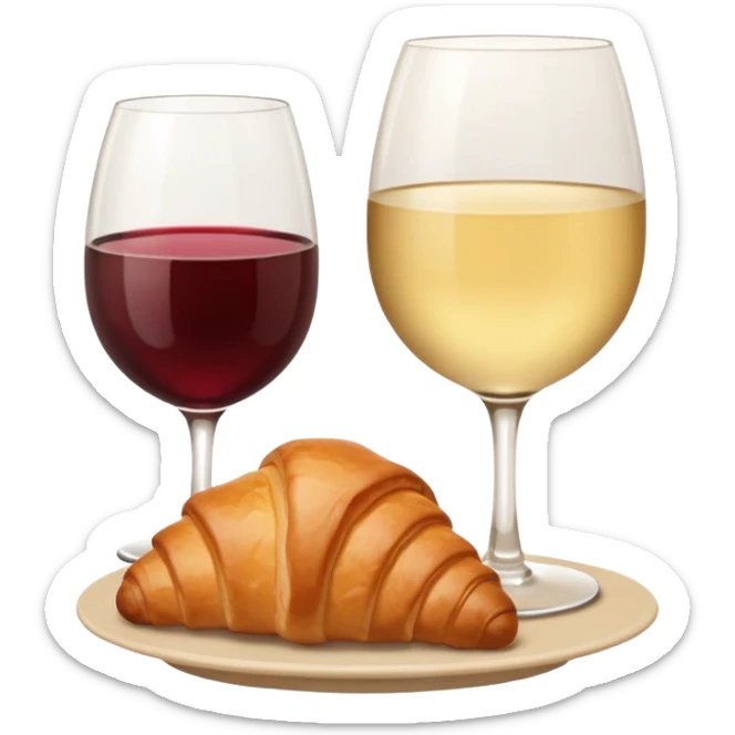 French cuisine humanless avatar in clean emoji-style illustration. Croissant and wine glass, soft beige tones, simple shapes, flat design, refined and cozy. sticker