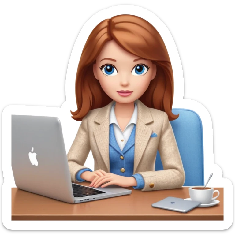 A Barbie girl with blue eyes, shoulder-length reddish-brown hair, made-up, wearing a white tweed jacket and beige skirt, is sitting at a table with a MacBook sticker