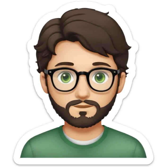 young man with dark slightly curled hair wearing glasses with green eyes and light beard sticker